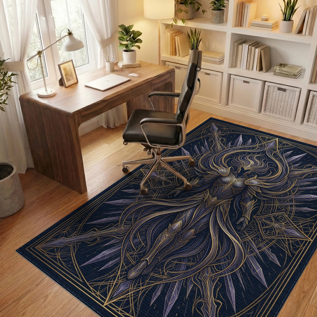 Midnight Navy Gold Abstract Warrior Rug - office