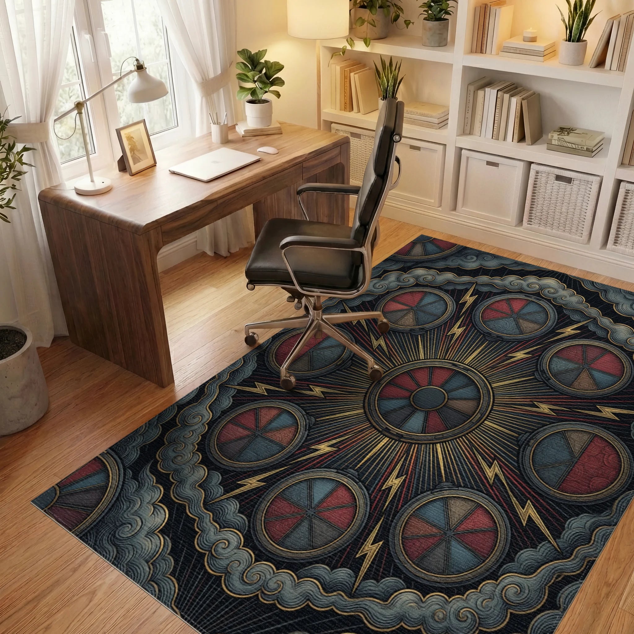 Crimson Medallion Sunburst Graphic Rug - office