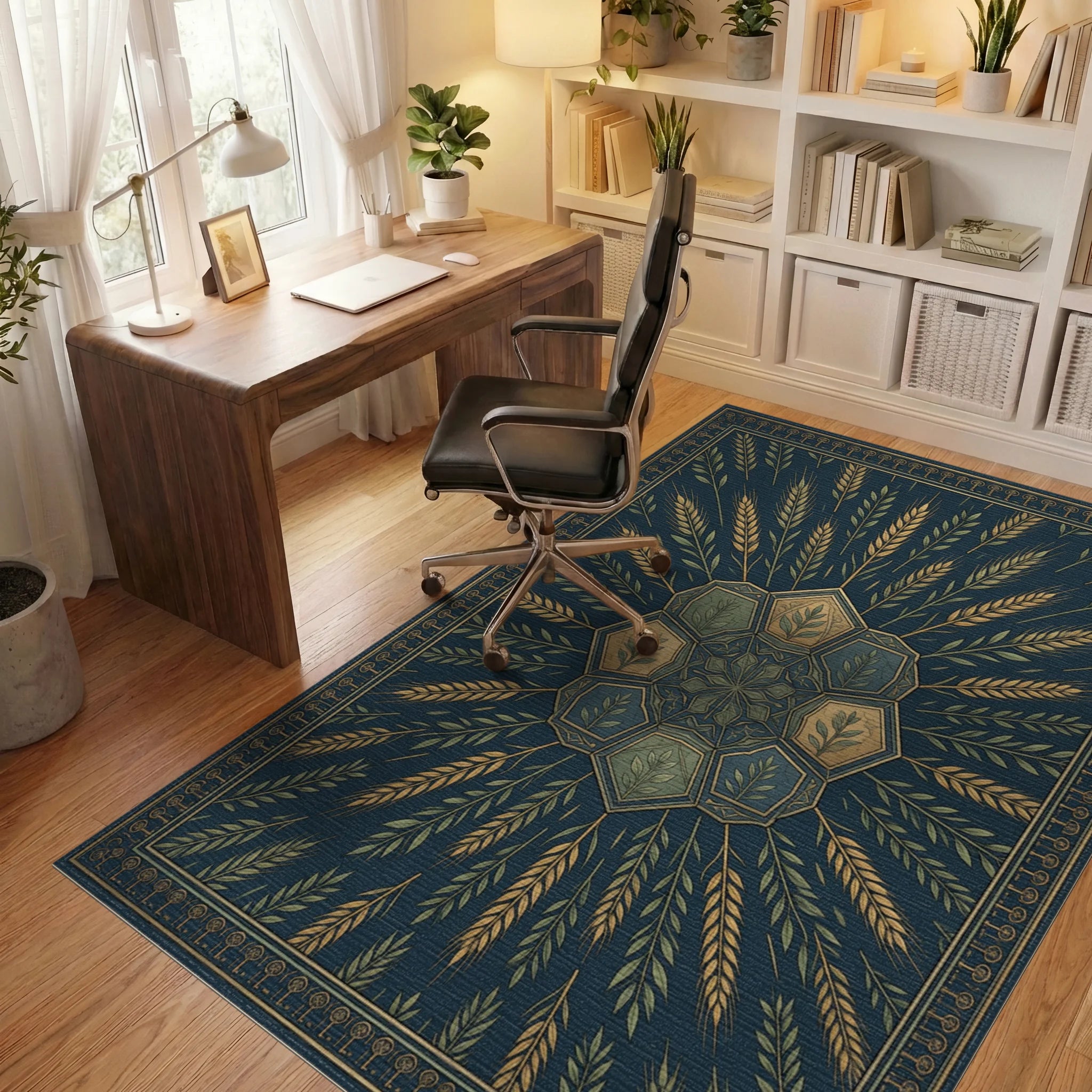 Slate Blue Geometric Hexagon Rug - office