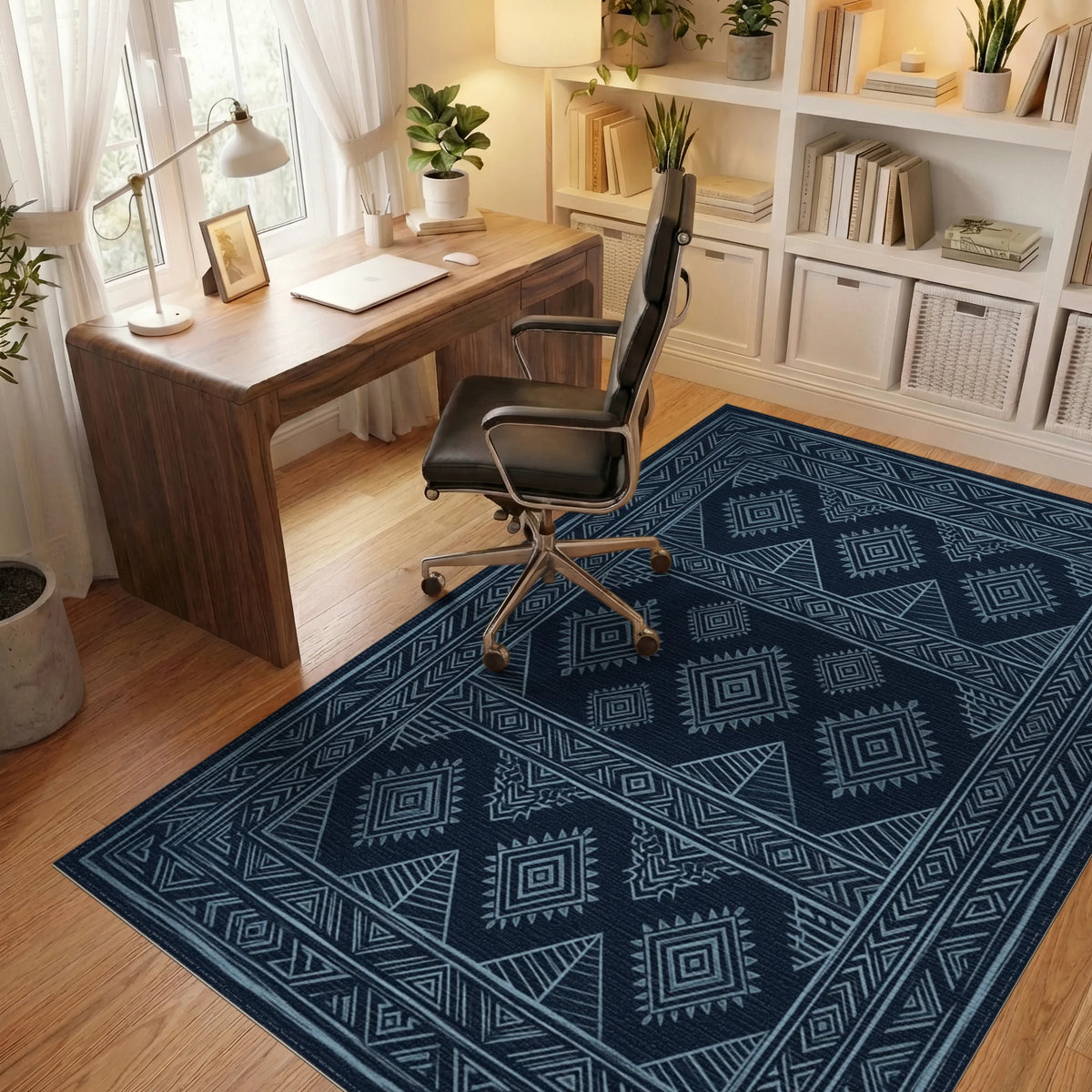 Monochromatic Navy Geometric Tribal Rug - office