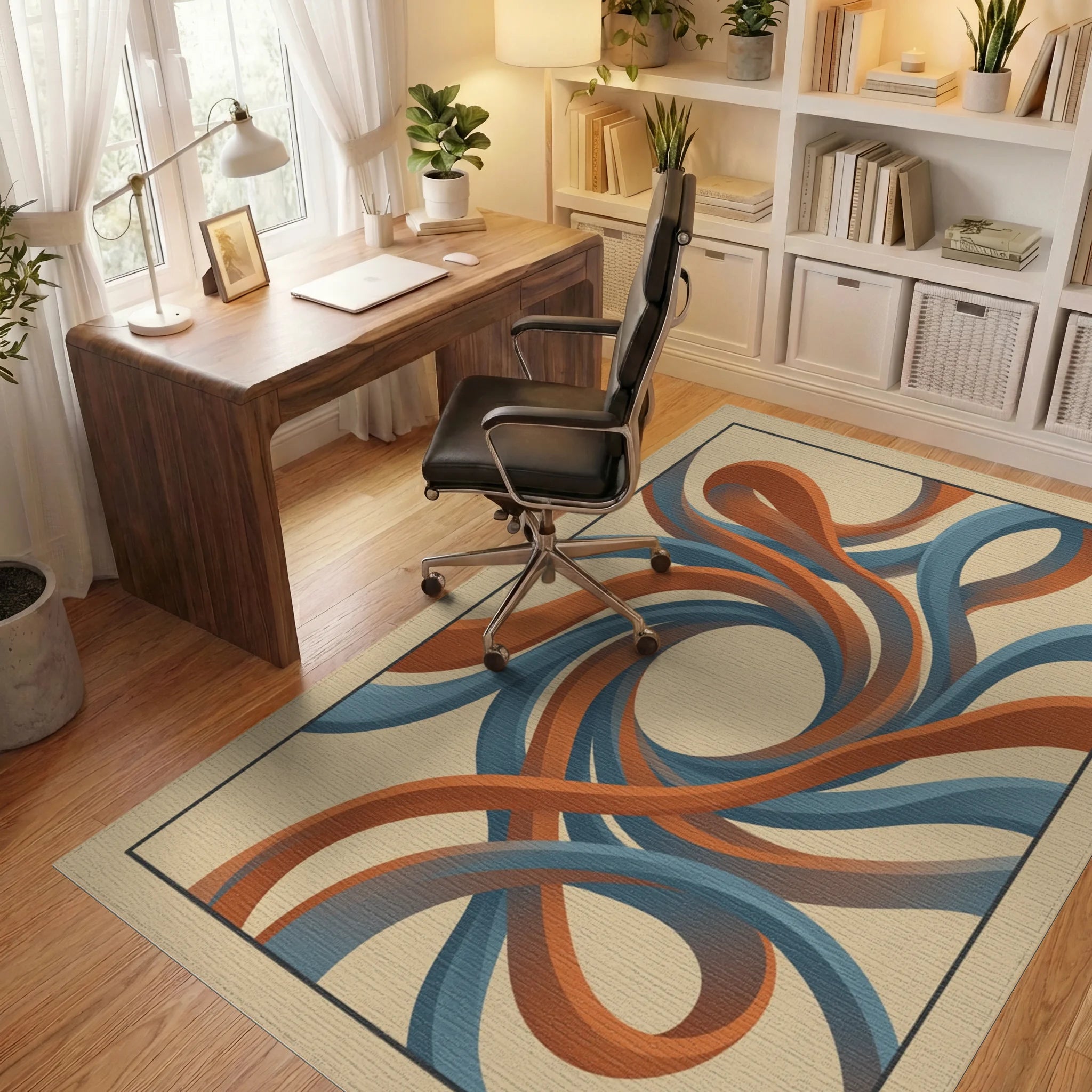Beige Orange Blue Rug - office