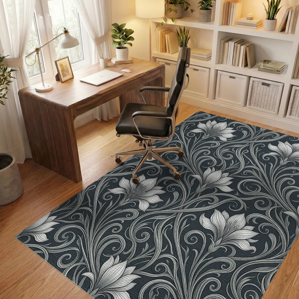 White Gray Floral Rug - office