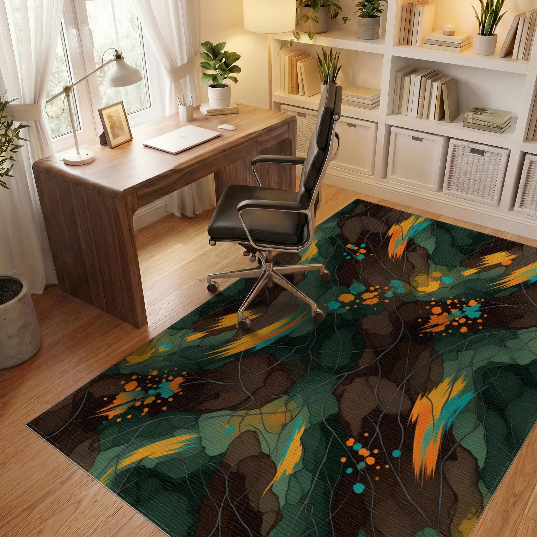 Forest Green Orange Rug - office