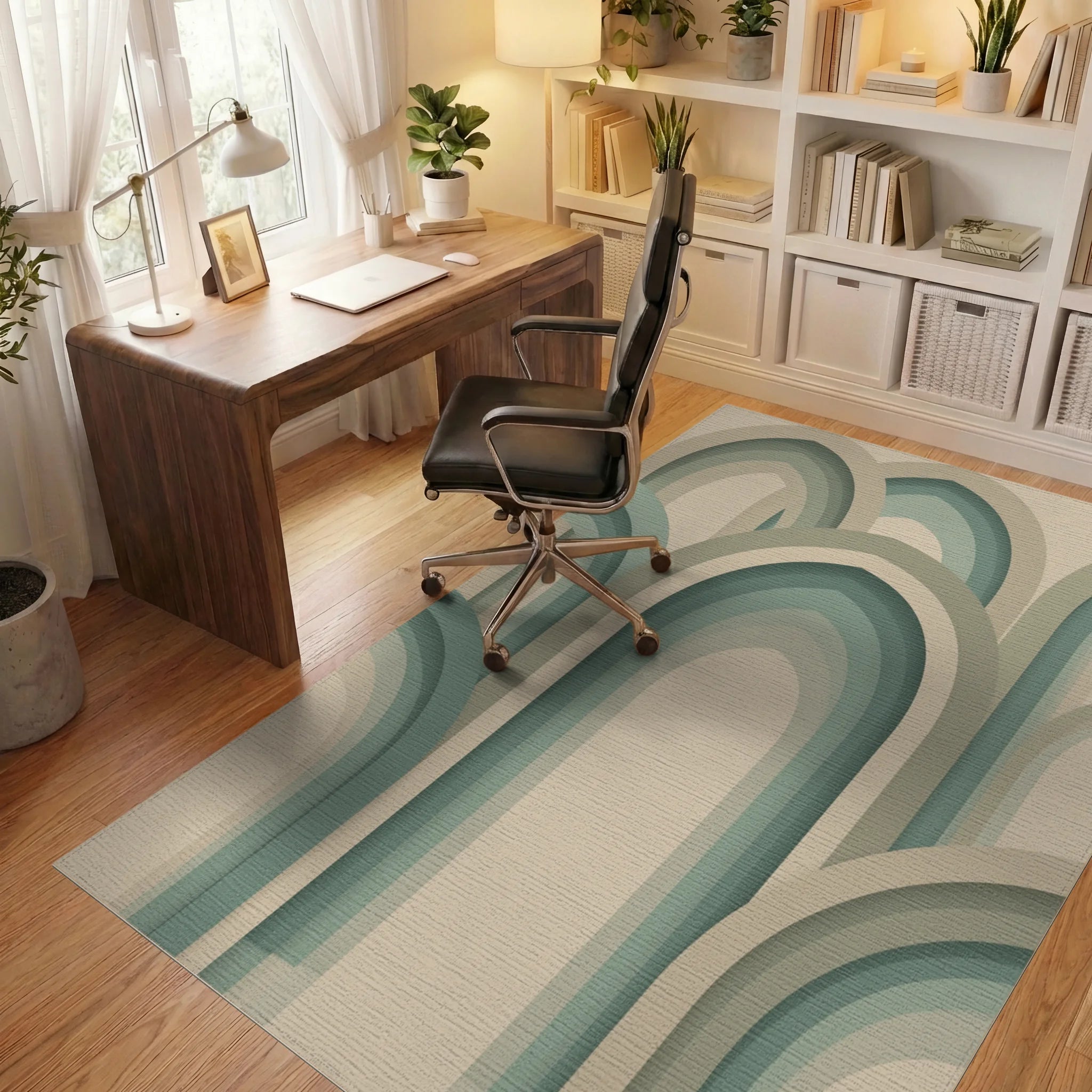 Beige Green Geometric Rug - office