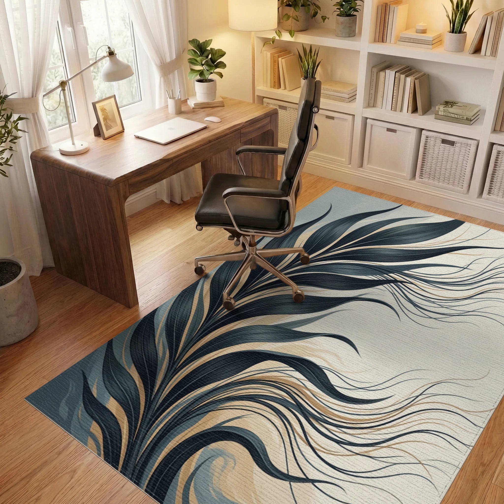 Minimalist Botanical Charcoal Ivory Rug - office