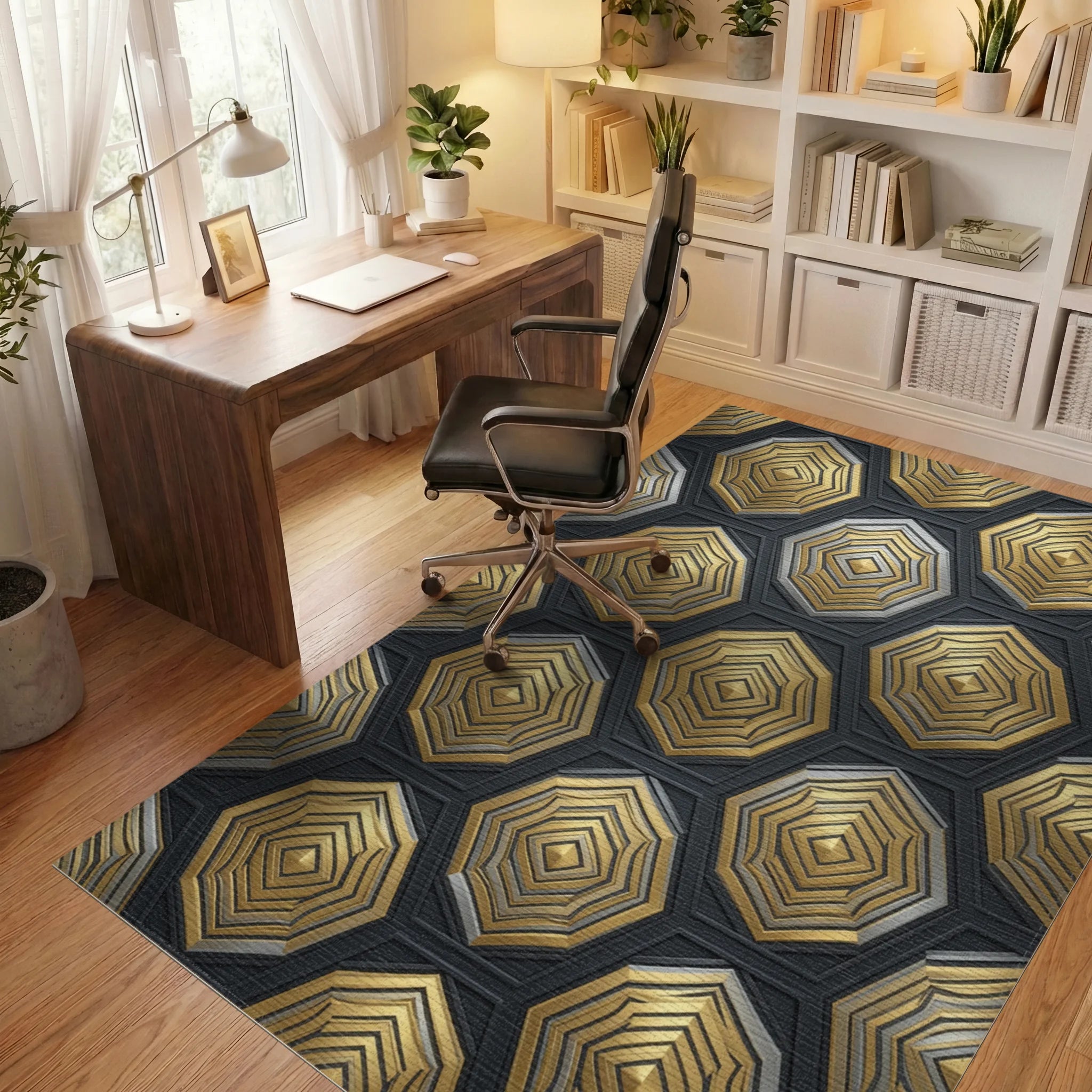 Geometric Hexagon Gold Silver Rug - office