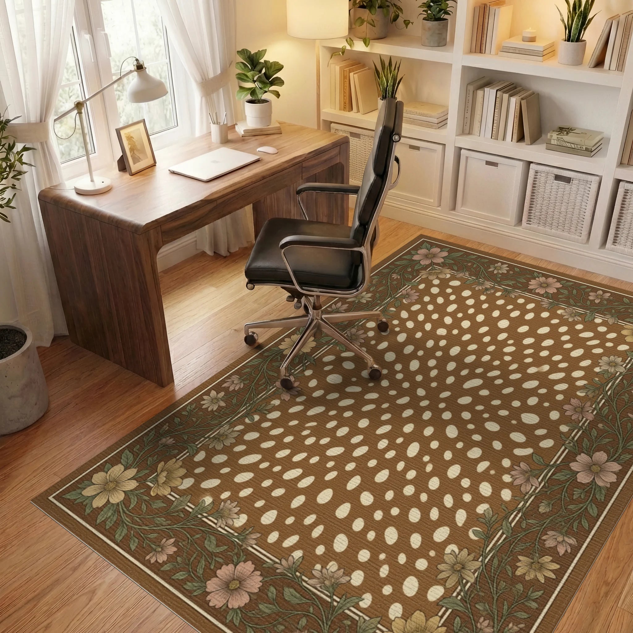 Cream Brown Green Rug - office