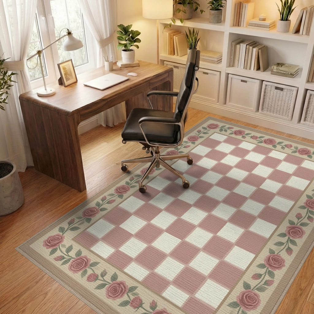 White Beige Green Rug - office