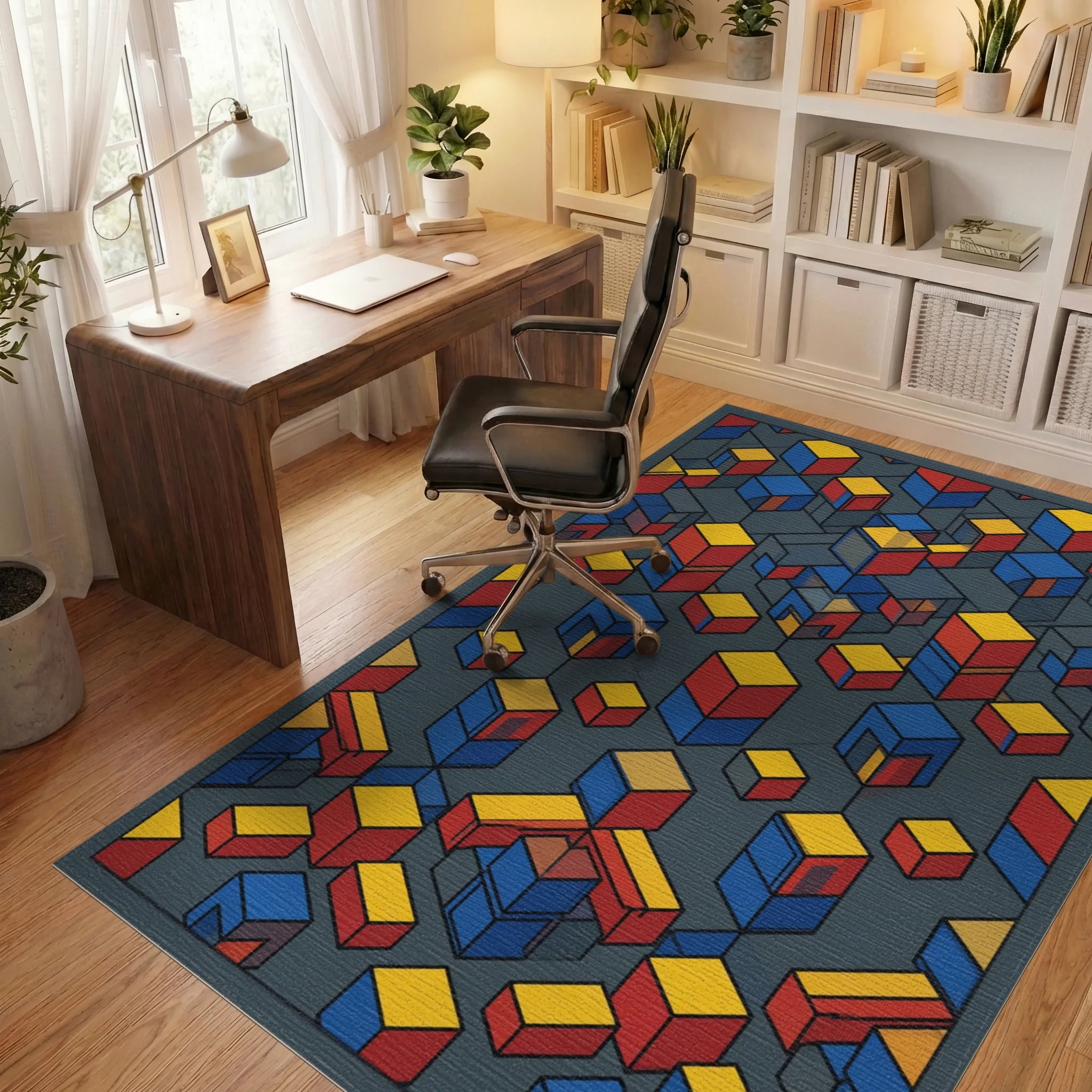 Modern Primary Geometric Isometric Grid Rug - office