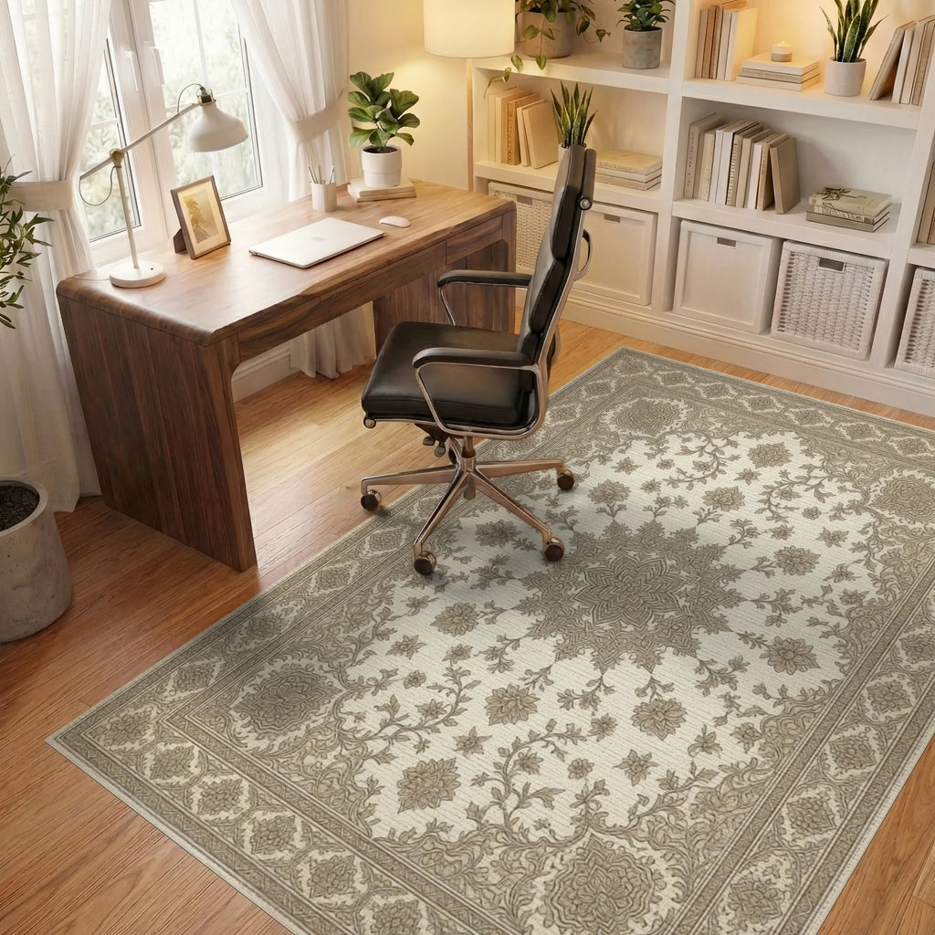 Cream Brown Traditional Rug - office