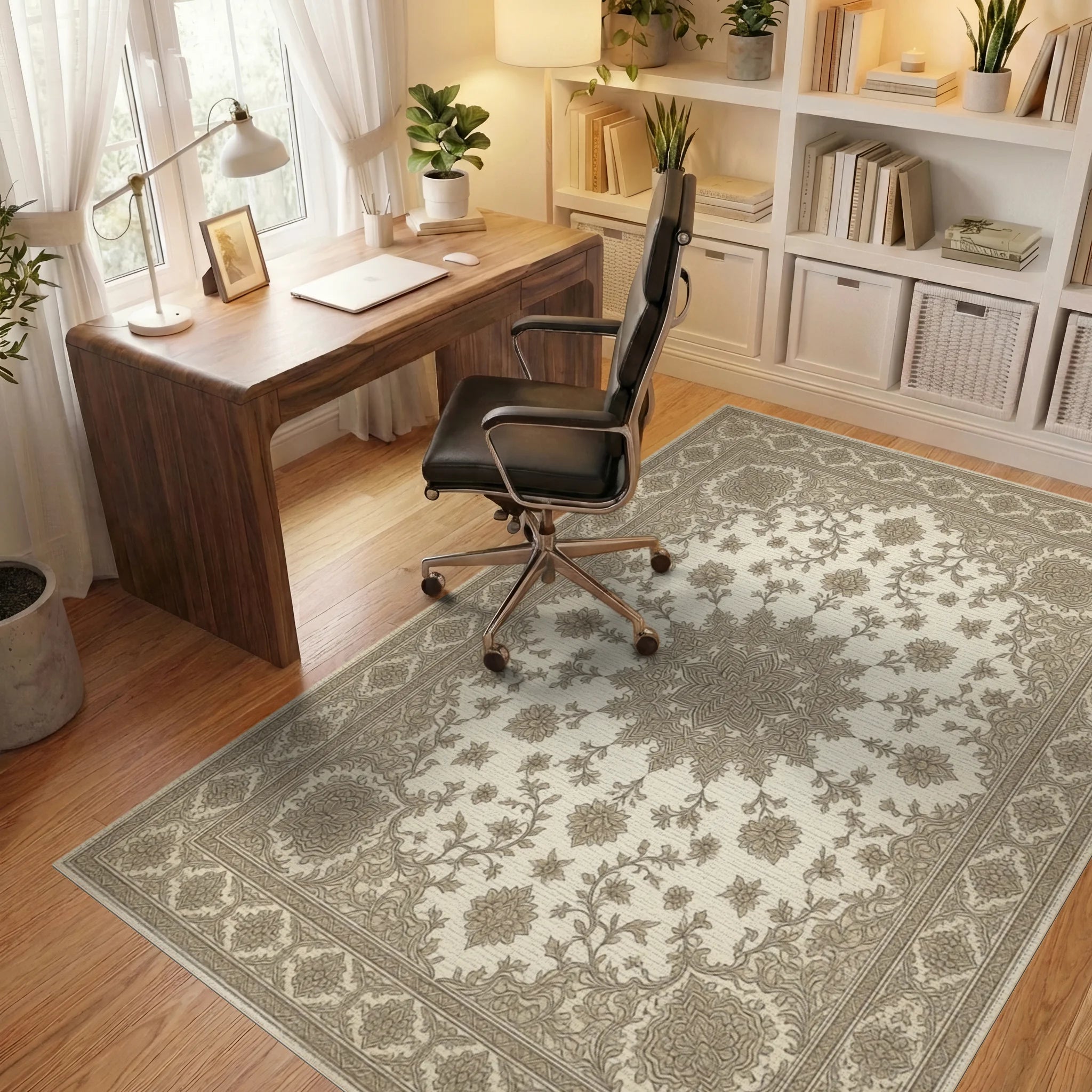 Cream Brown Traditional Rug - office