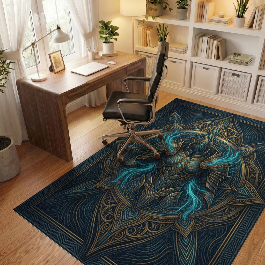 Midnight Blue Gold Medallion Regalia Rug - office