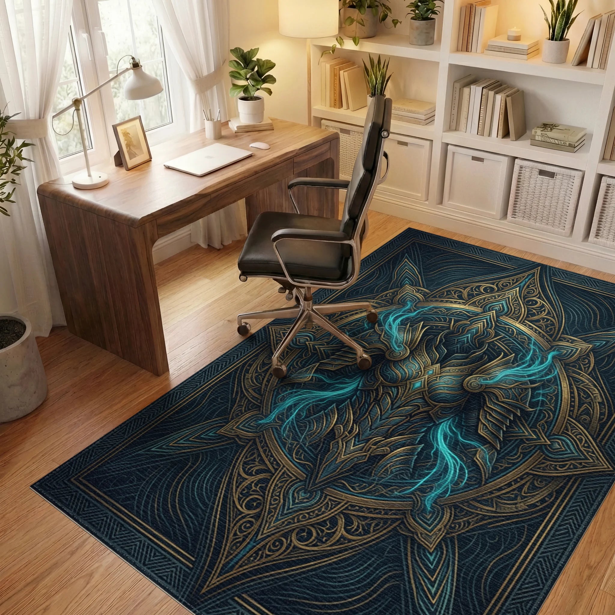 Midnight Blue Gold Medallion Regalia Rug - office