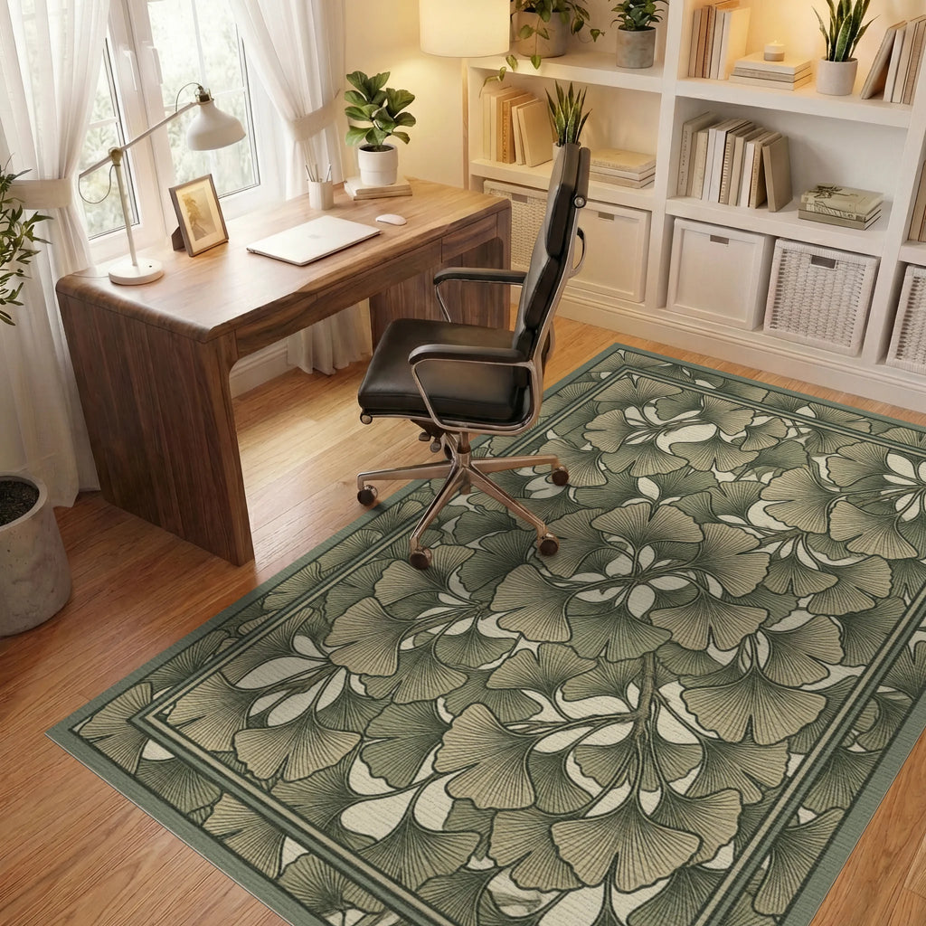 Green Traditional Floral Rug - office
