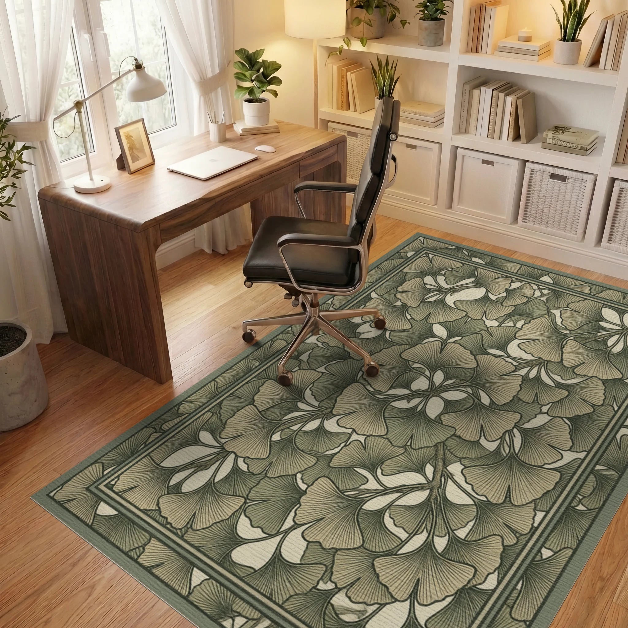 Green Traditional Floral Rug - office