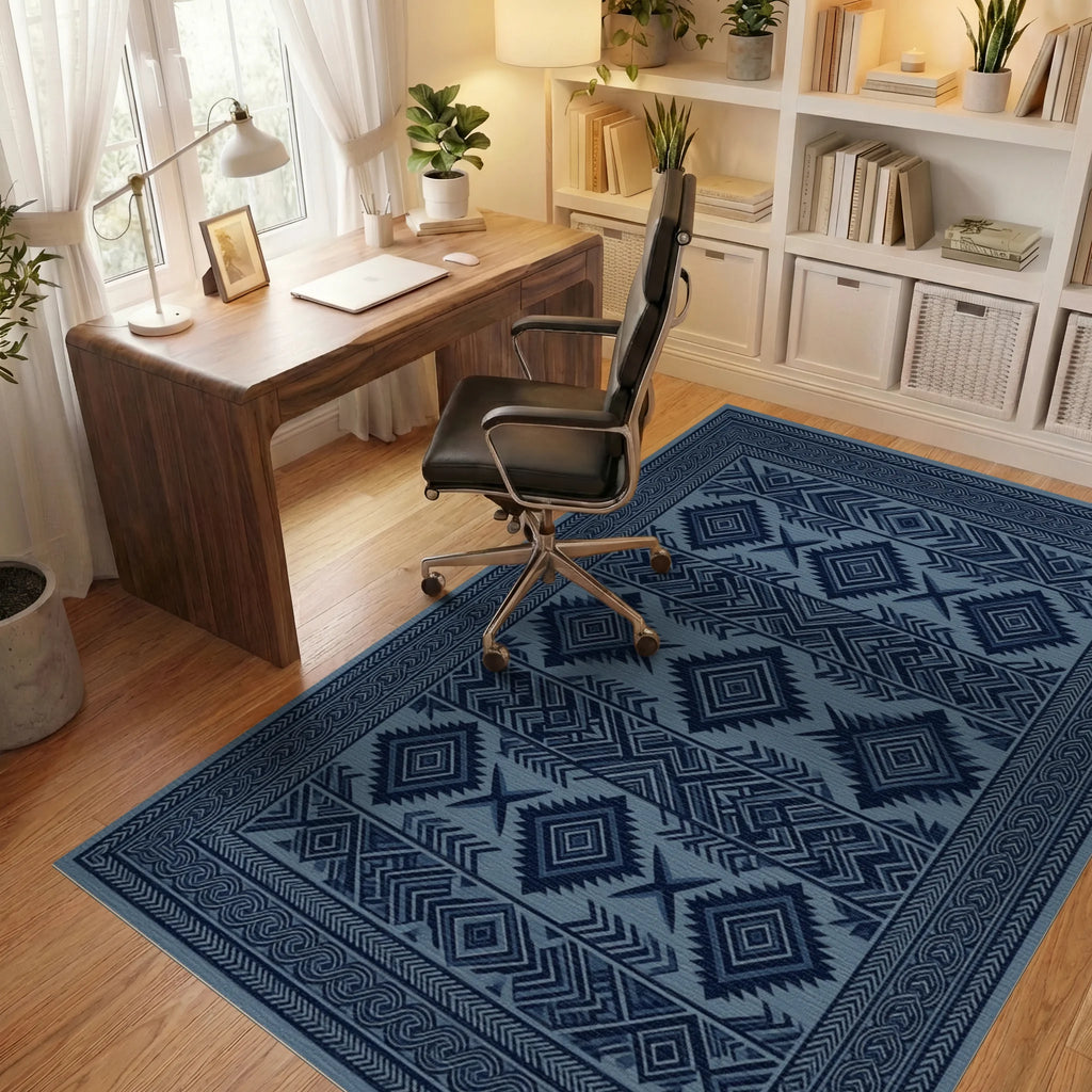 Structured Indigo Geometric Tribal Rug - office