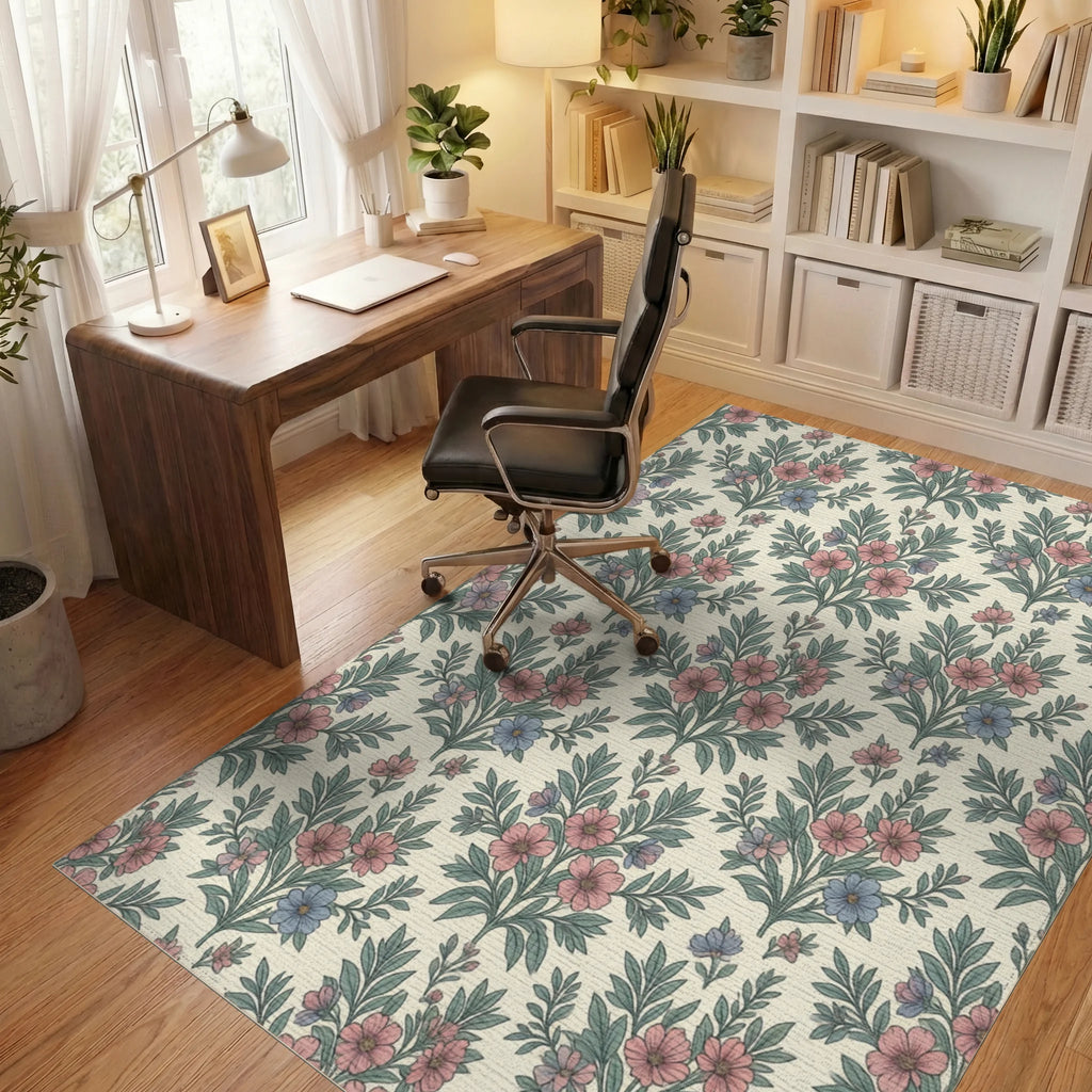 White Floral Vintage Rug - office