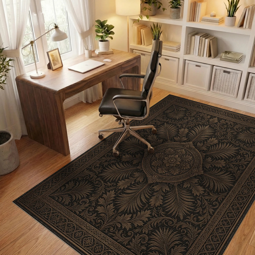 Brown Floral Geometric Rug - office