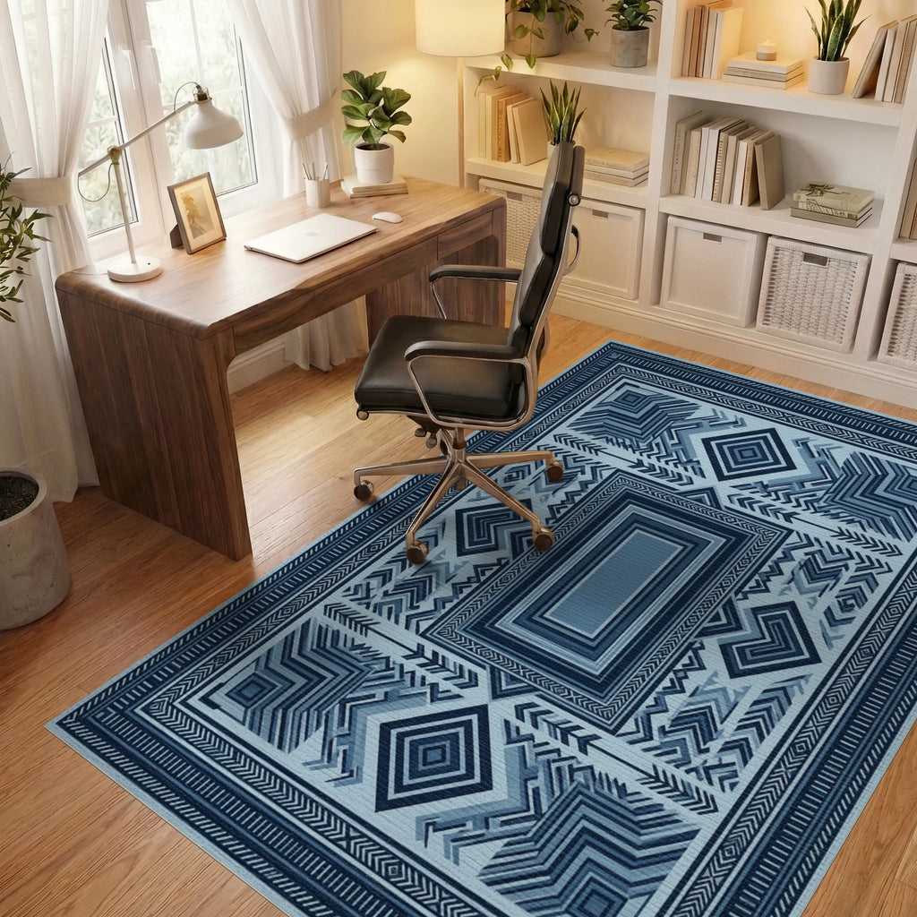 Symmetrical Indigo Geometric Folk Art Rug - office