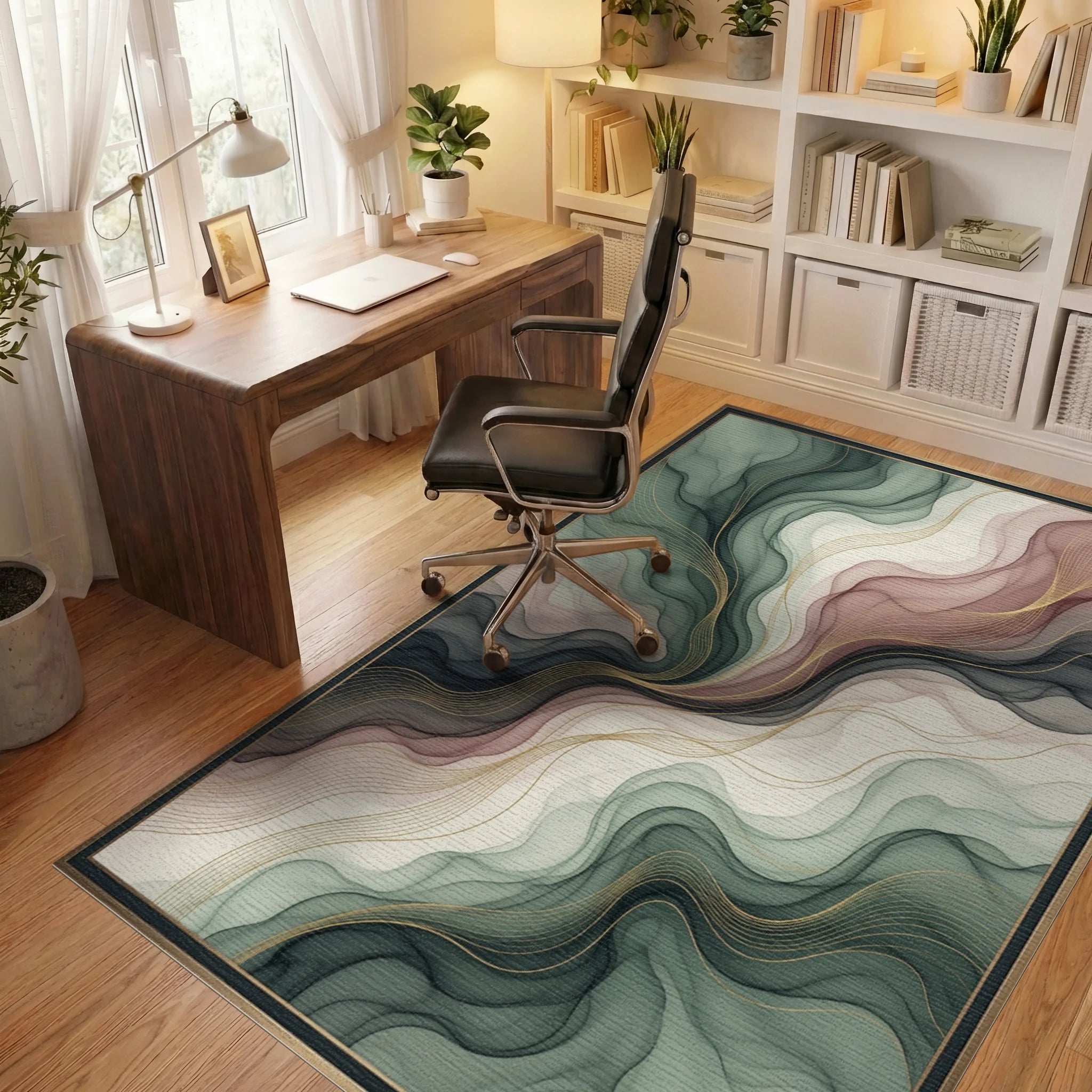 Abstract Fluid Sage Rose Rug - office