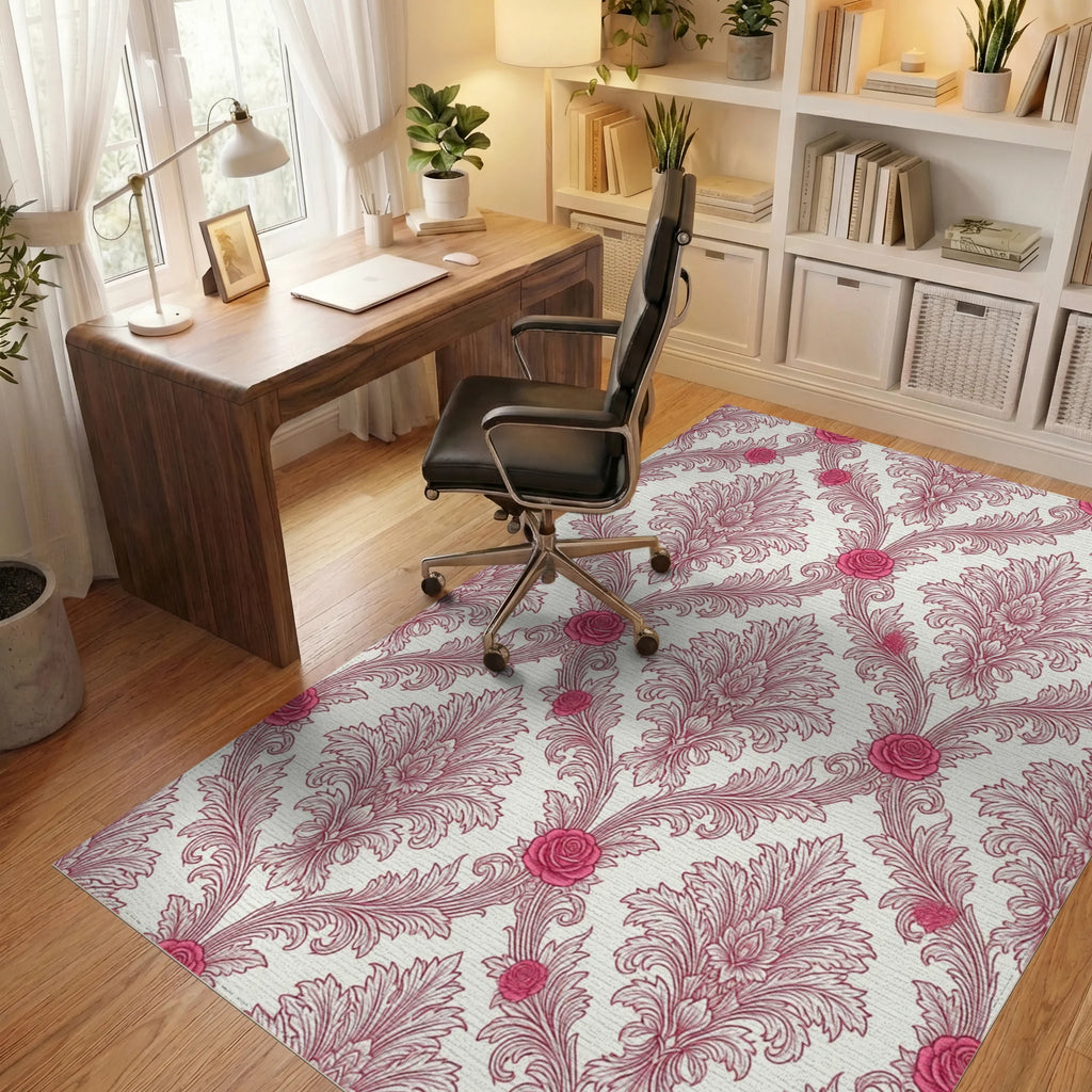 White Pink Floral Rug - office