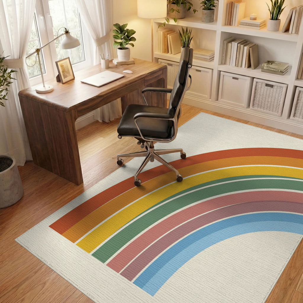 Geometric Rainbow Arc Cream Rug - office