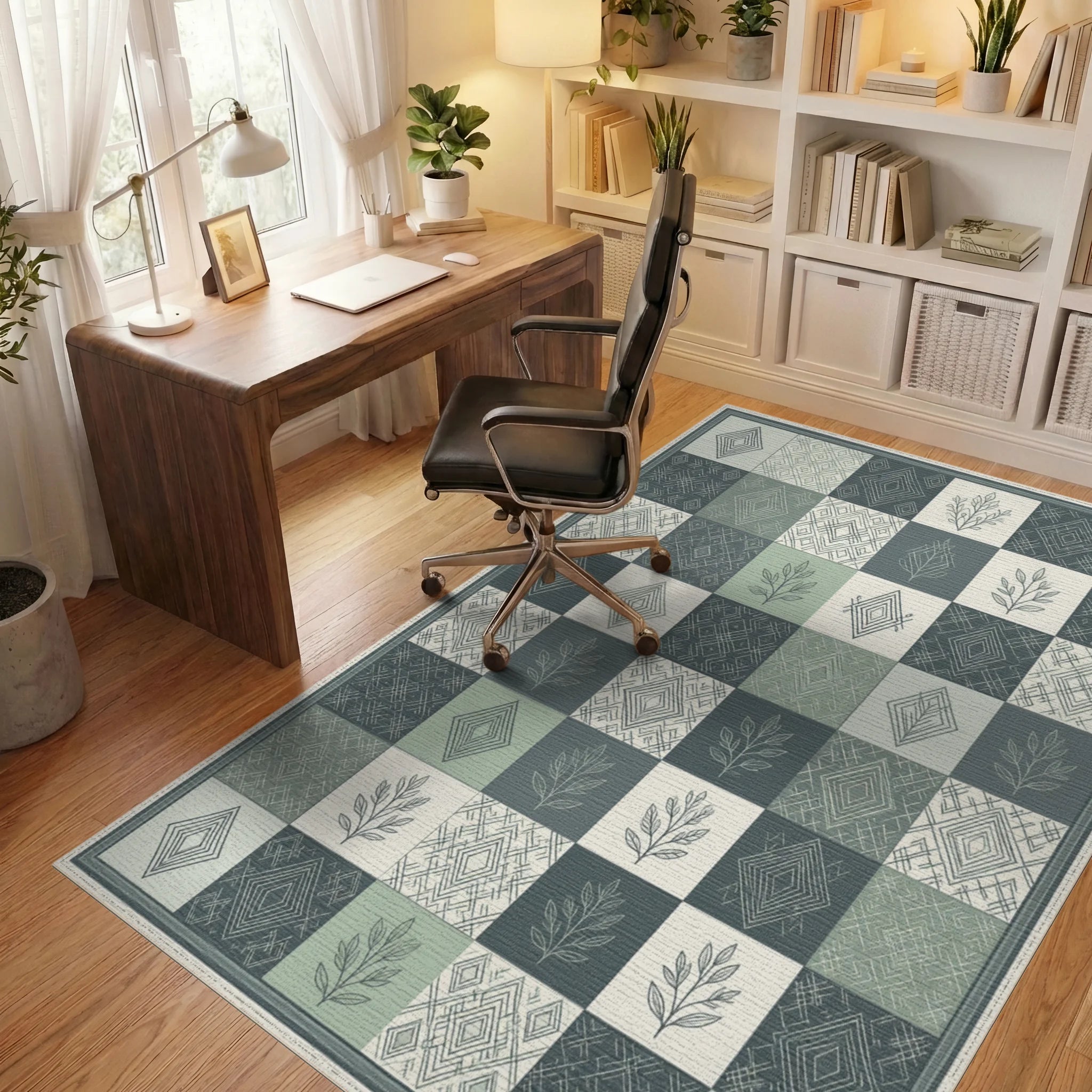 Green White Geometric Rug - office