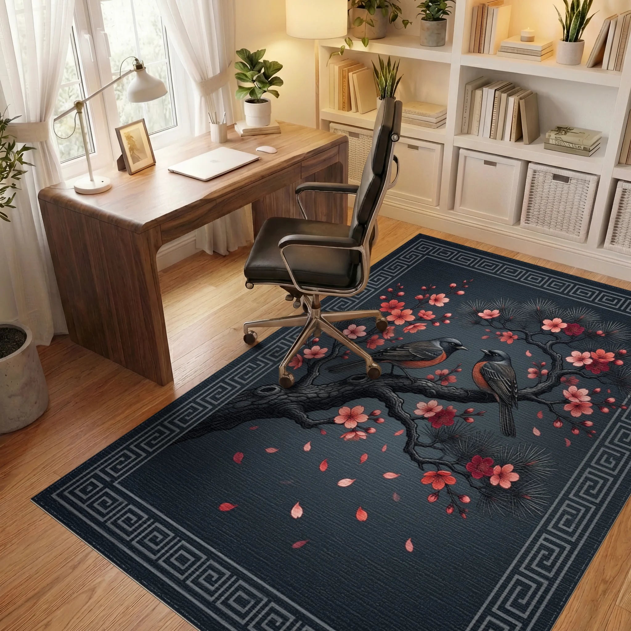 Songbird Floral Geometric Border Rug - office