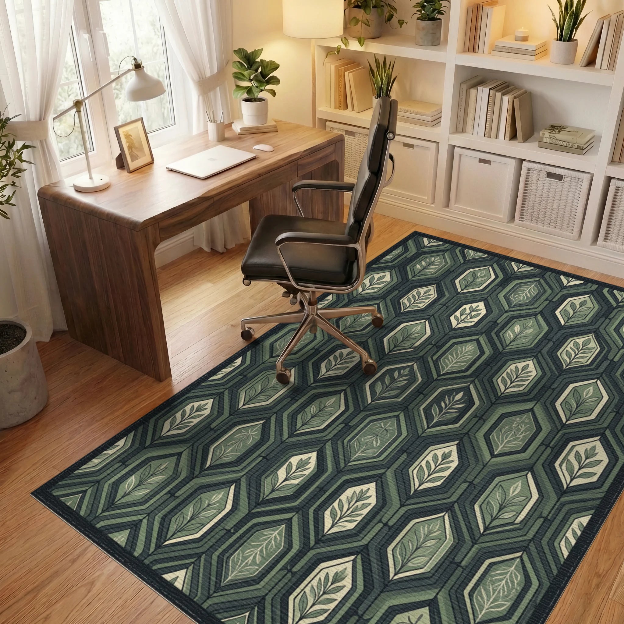 Minimalist Charcoal and Sage Hexagon Rug - office