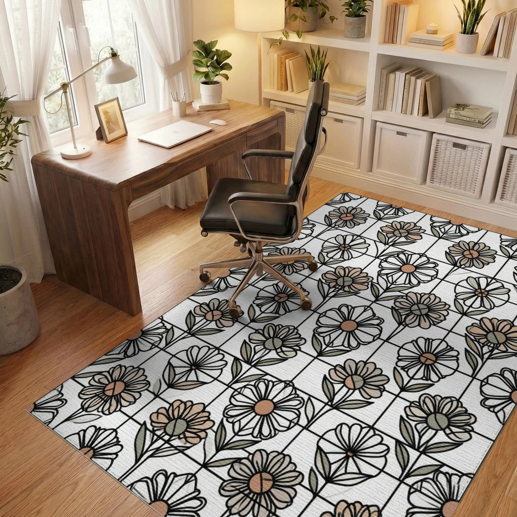 Floral Black White Rug - office