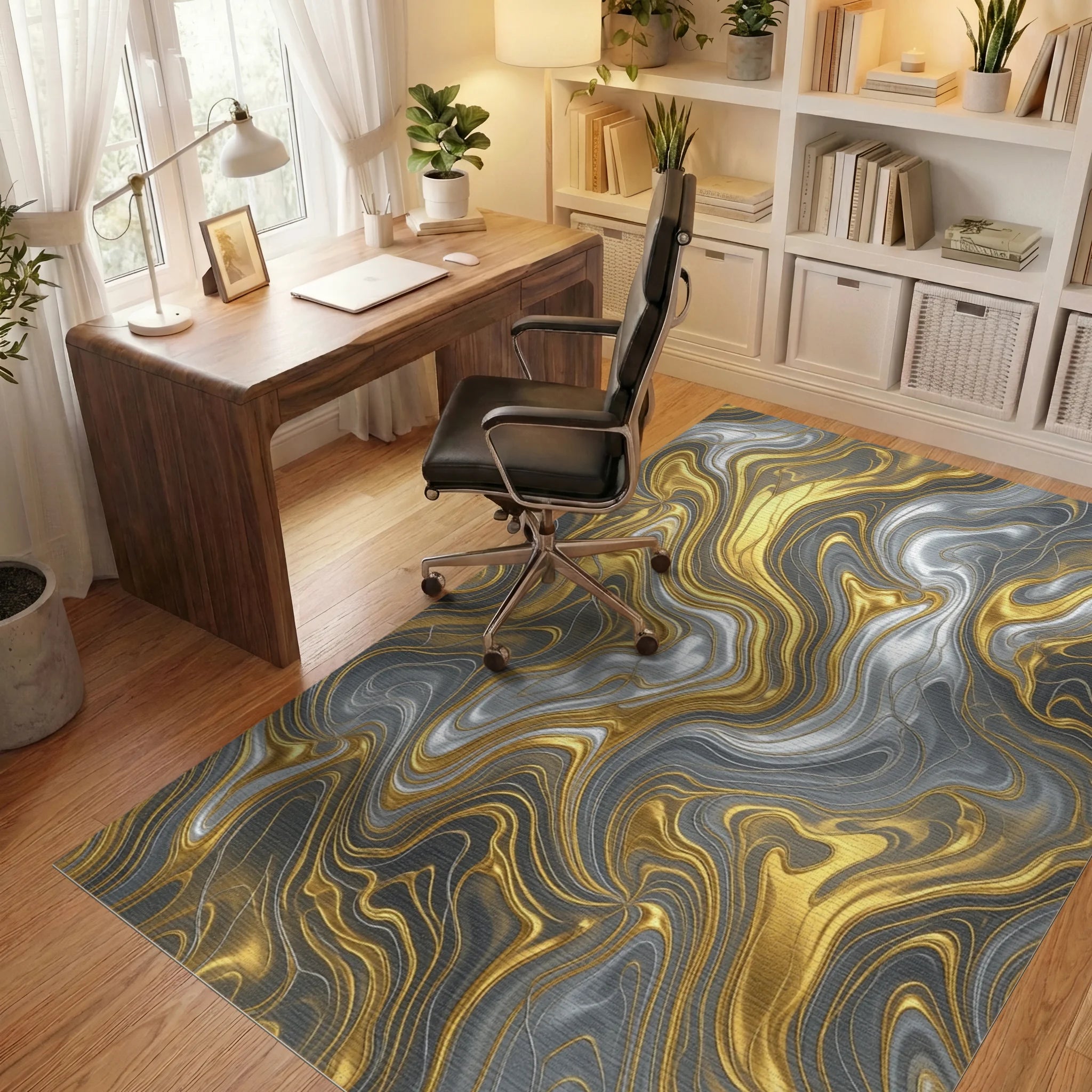 Abstract Liquid Metallic Swirl Rug - office