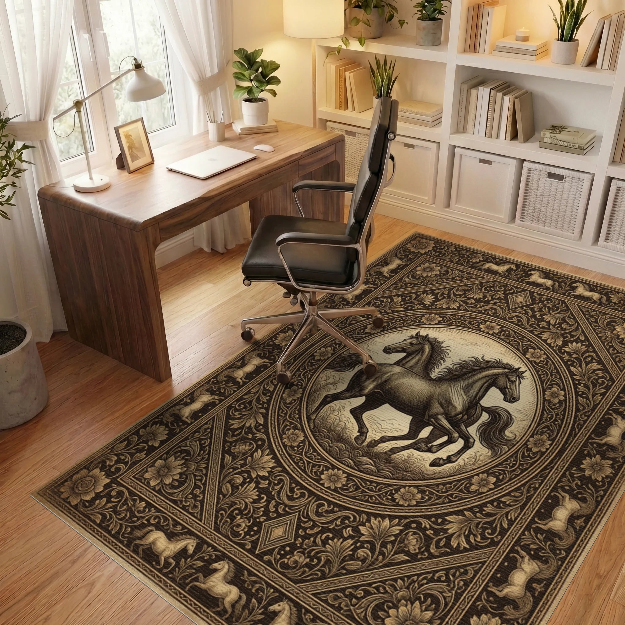 Galloping Horse Monochromatic Medallion Rug - office