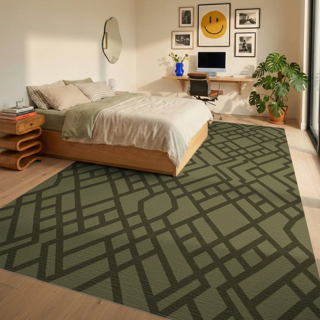 Olive Green Interlocking Geometric Lattice Rug Bedroom View