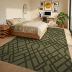 Olive Green Interlocking Geometric Lattice Rug Bedroom View