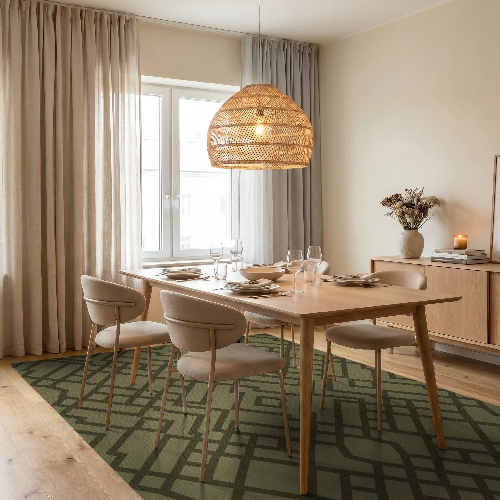 Olive Green Interlocking Geometric Lattice Rug Dining Room View