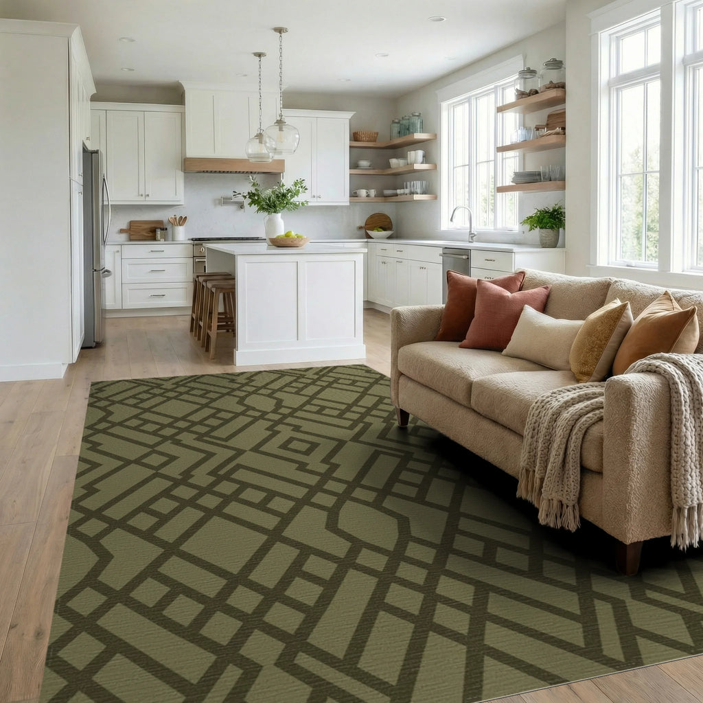 Olive Green Interlocking Geometric Lattice Rug Living Room View