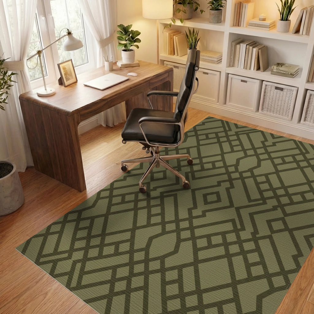 Olive Green Interlocking Geometric Lattice Rug Office View