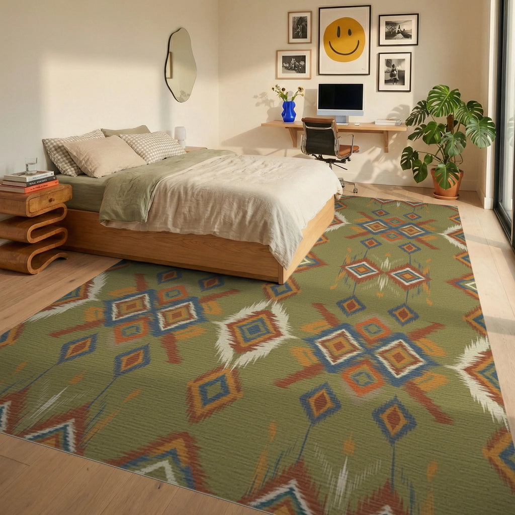 Olive Green Tribal Diamond Brocade Rug Bedroom View
