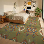 Olive Green Tribal Diamond Brocade Rug Bedroom View