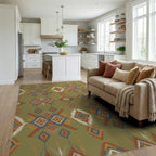 Olive Green Tribal Diamond Brocade Rug Living Room View