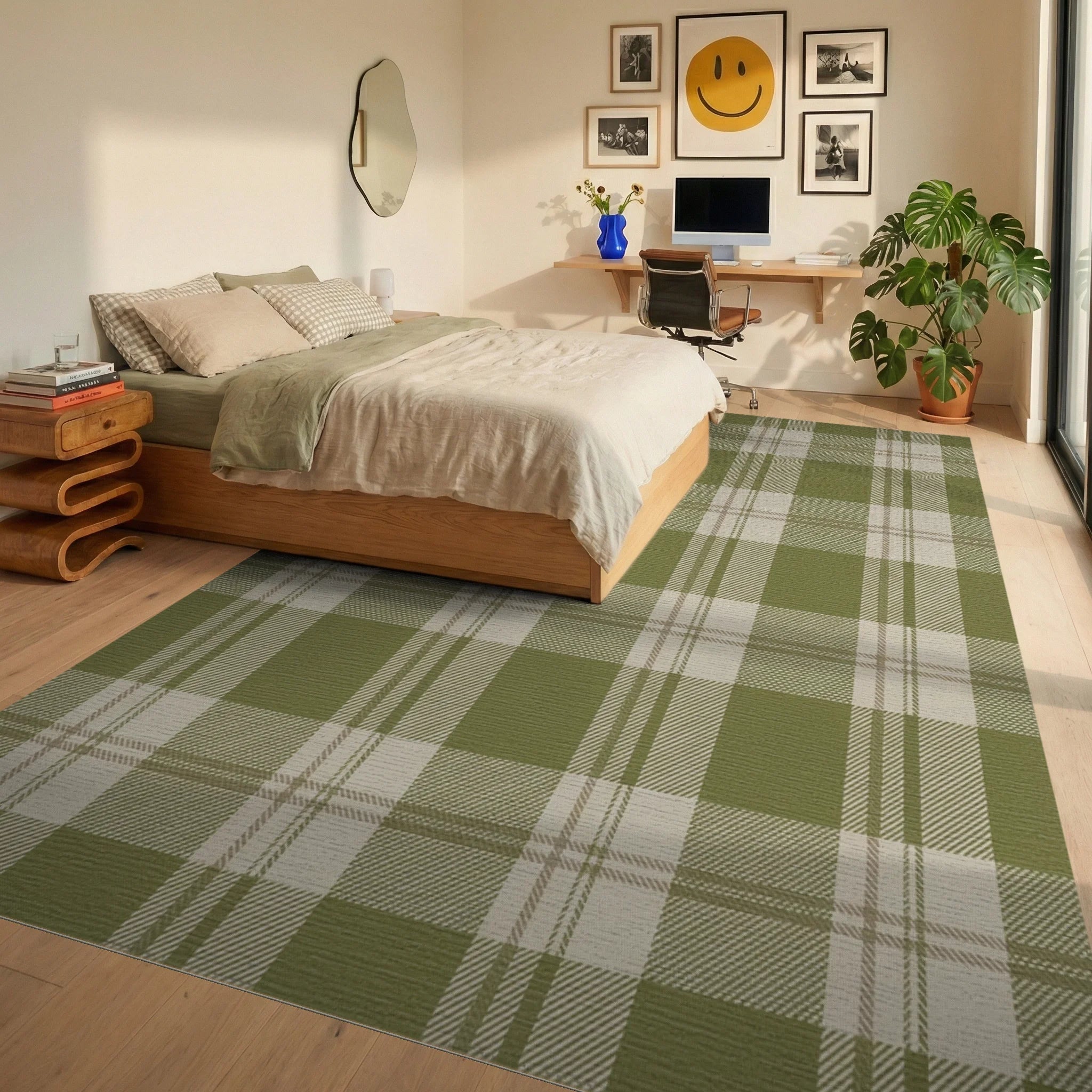 Olive Tan Plaid Squares Rug Bedroom View