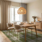 Olive Tan Plaid Squares Rug Dining Room View