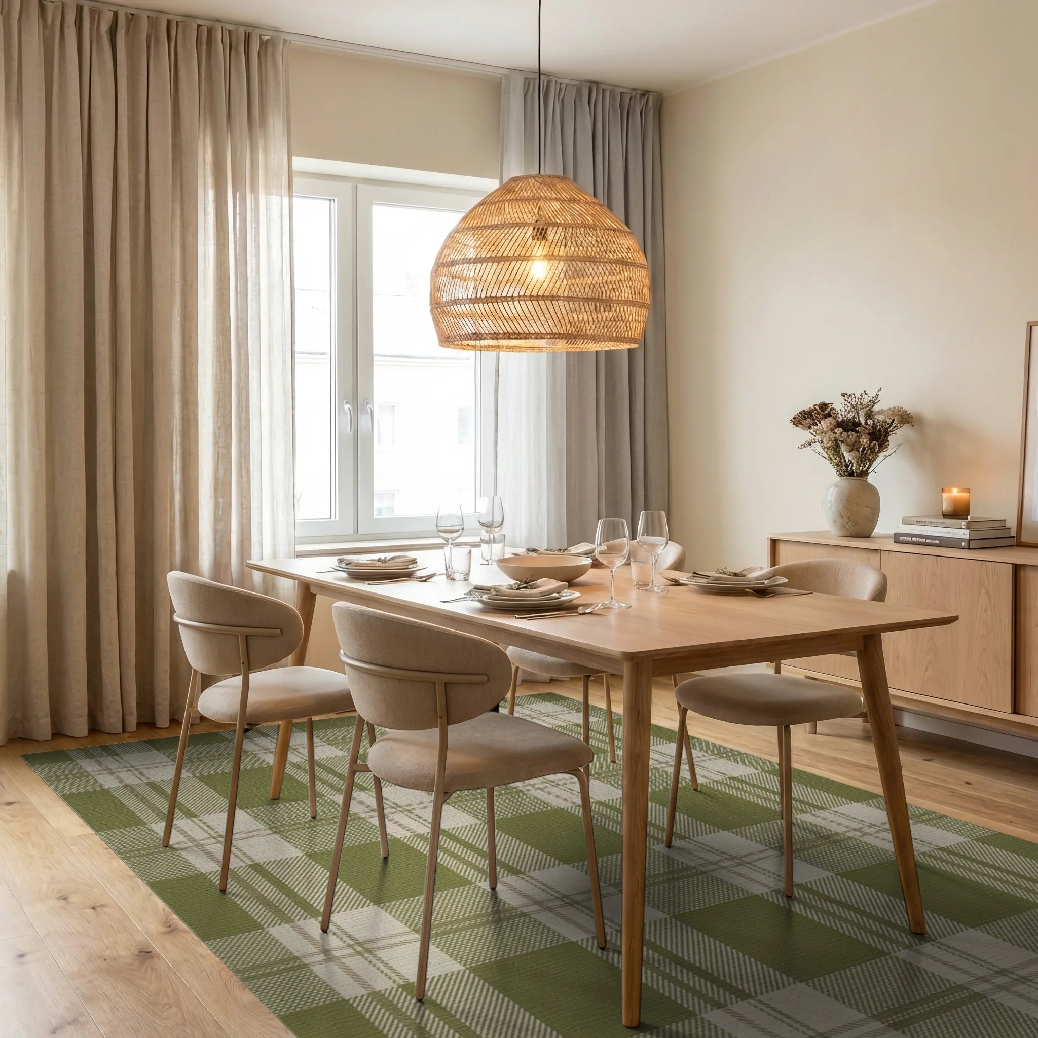 Olive Tan Plaid Squares Rug Dining Room View