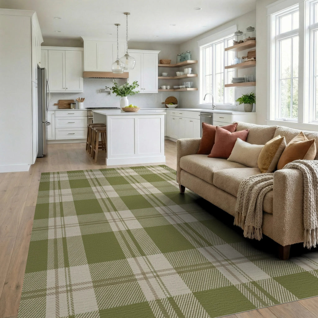 Olive Tan Plaid Squares Rug Living Room View