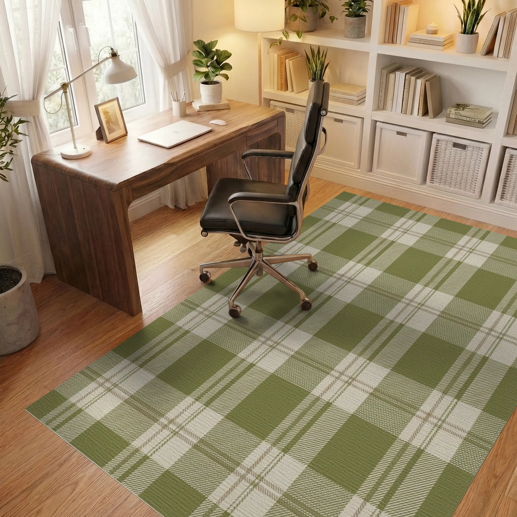 Olive Tan Plaid Squares Rug Office View