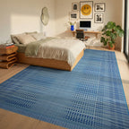 Ombre Blue Checked Gradient Rug - Bedroom View