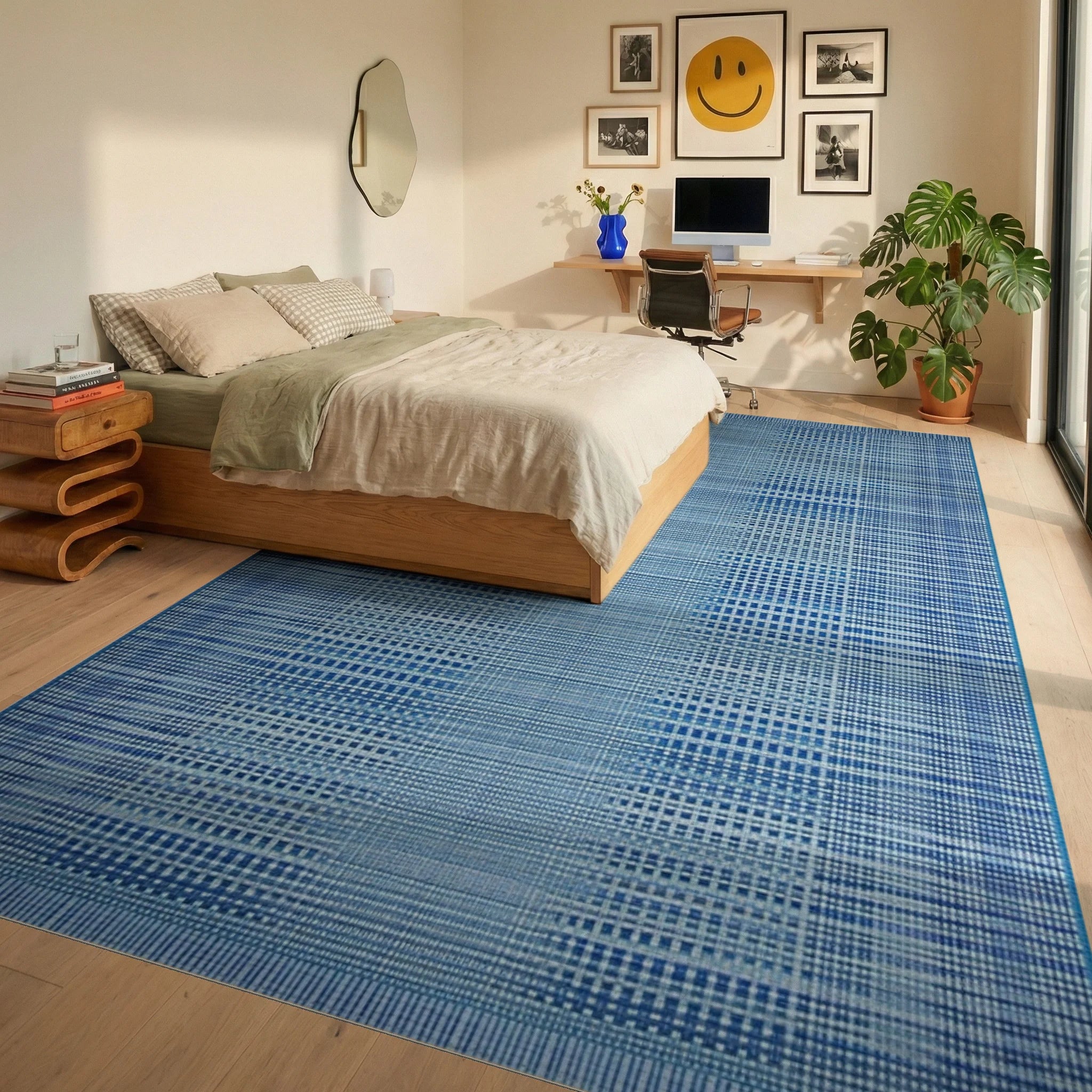 Ombre Blue Checked Gradient Rug - Bedroom View