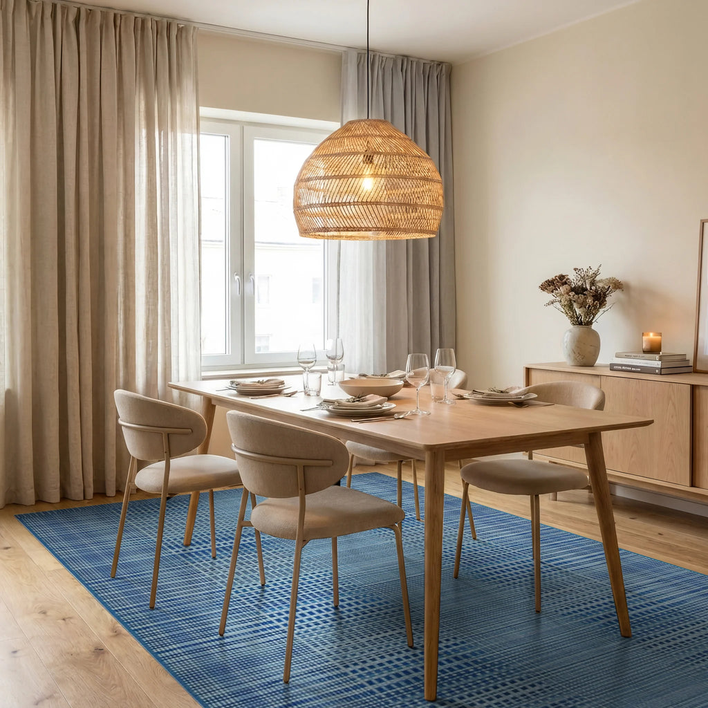 Ombre Blue Checked Gradient Rug - Dining Room View
