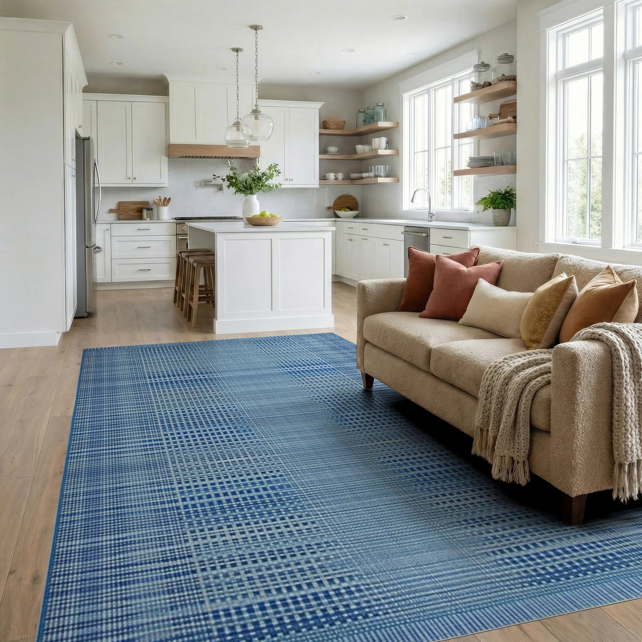 Ombre Blue Checked Gradient Rug - Living Room View