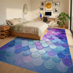 Ombre Mermaid Scale Watercolor Rug - Bedroom View